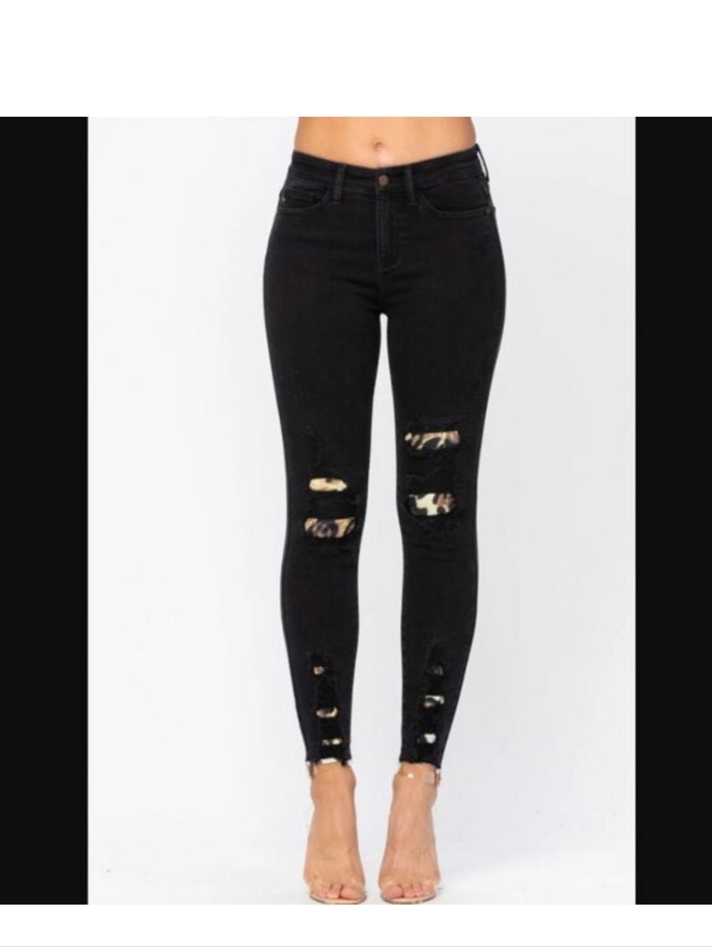 JUDY BLUE | Black Leopard Patch Distressed Jeans SIZE 13/31